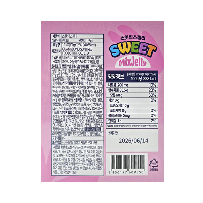 스윗젤리 (스웨덴젤리) 영양성분표