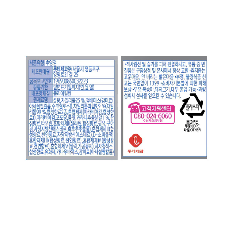 롯데 졸음번쩍껌 울트라파워 영양성분표